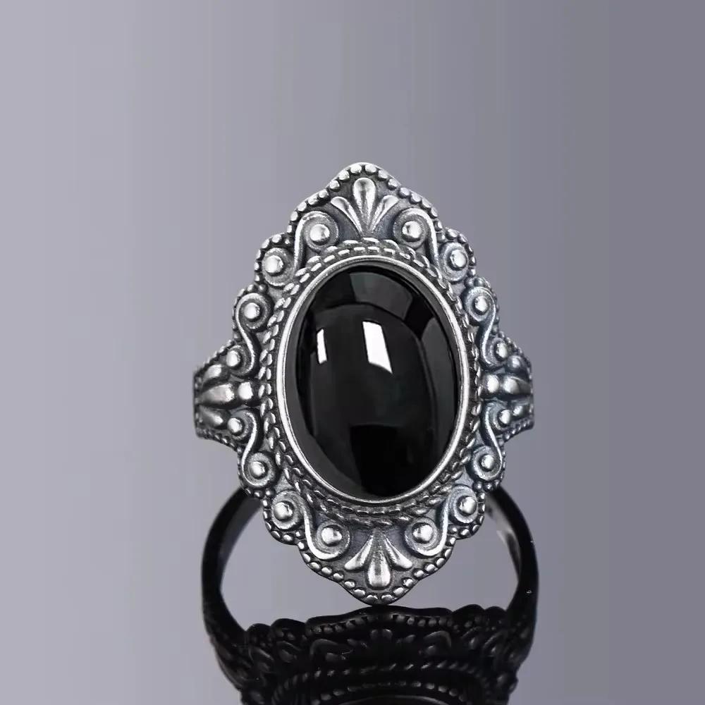 Винтажное Серебряное Кольцо Овальное Натуральный Лабрадорит Кольца На Палец Ретро Черный Оникс Тонкие Ювелирные Изделия Вечеринка Для Женщин Мужчин