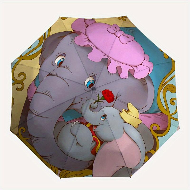 Dumbo, Mother-and-Baby Elephant Automatic Opening and Closing Umbrella - 8 Ribs Portable Folding Umbrella with Plastic Handle, Suitable for