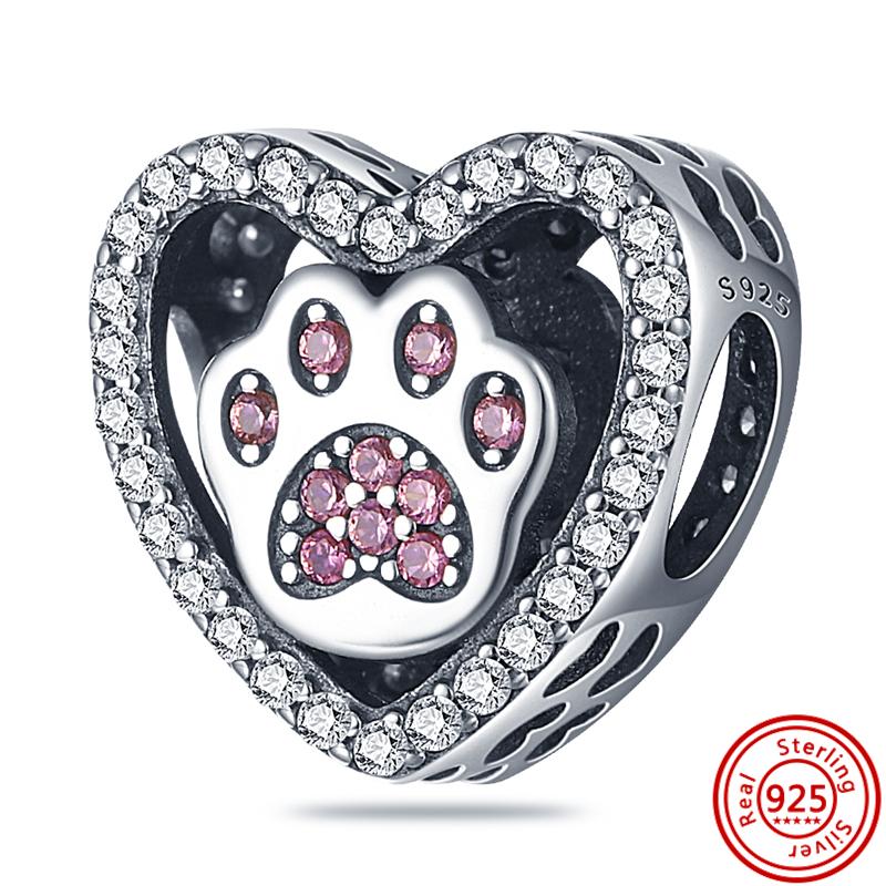New S925 Silver Pink Heart Animal Paw Print Pendant Clear Zircon Fashion Beads Fit Original Charms Bracelet Women Jewelry