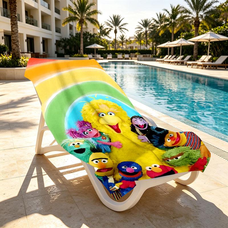 Sesame Street Print Beach Towel Design, Soft, Lightweight. for Home Bathroom, Spa, Pool, Yoga, Surfing, Camping, Gift for Family, Friend