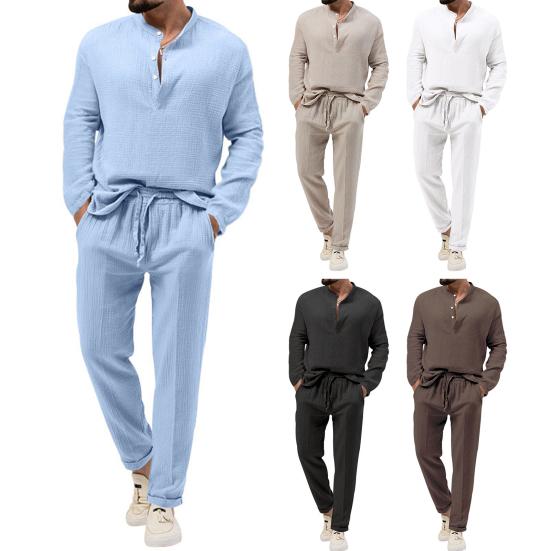 2 шт./компл., мужская летняя одежда, воротник-стойка, пуговицы, вырез, футболка с длинными рукавами, эластичная резинка на талии, комплект длинных брюк с карманами и шнурком