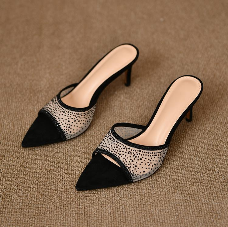 Pointed rhinestone cool slippers for women in summer European and American style, fine heels, open-toed fish mouth, high-heeled slippers for women, a