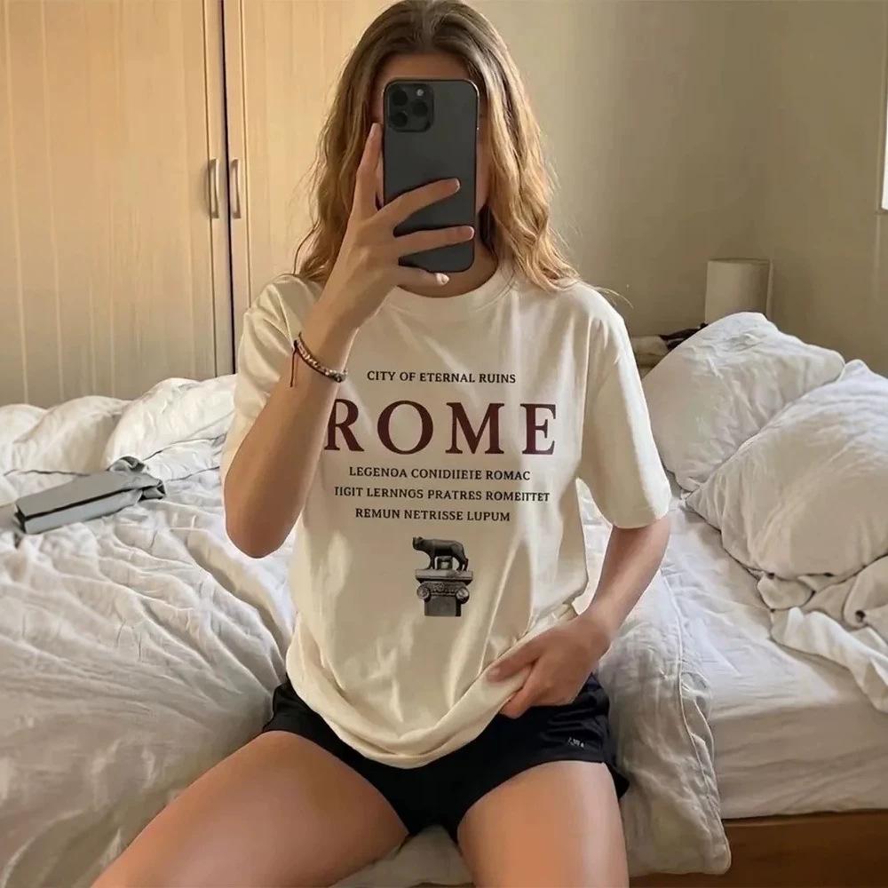 Off-White Римская Винтажная Футболка с Буквенным Принтом Свободный Повседневный Топ в Европейском Литературном Стиле Путешествий для женщин
