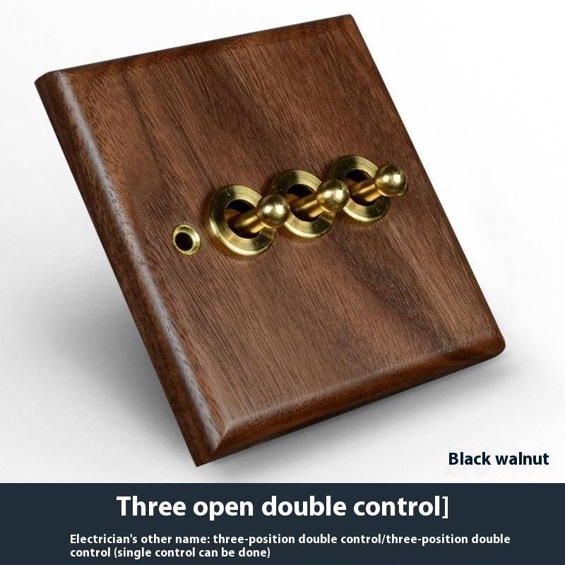 Black Walnut Solid Wood Brass Lever Retro Switch Panel Wall Mount 86 Open Line Box Surface Three Open 16A Socket