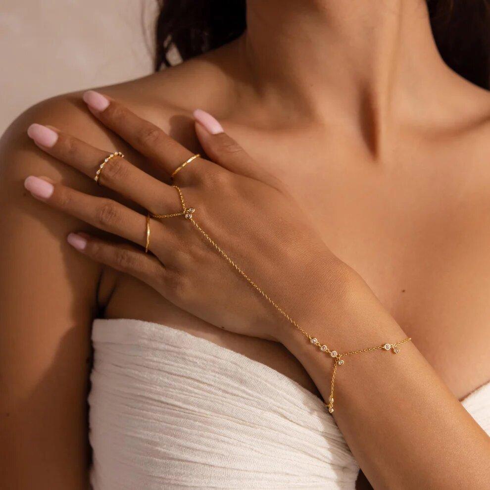 Two Pcs Round Beads Link Tassel Chain Middle Finger Ring Integrated Bracelet Charming Jewelry