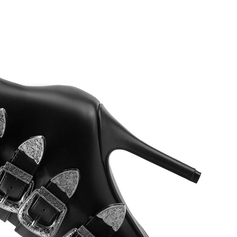 Модные женские новые осенне-зимние остроносые ботильоны на высоком каблуке с металлической пряжкой, молнией, больших размеров и до икры, модная подиумная короткая обувь