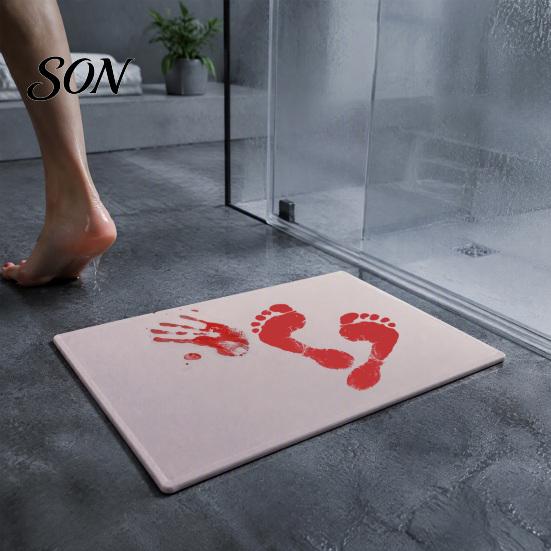 Funny Halloween Party Supplies Creepy Bathroom Rug, Color Changing Blood Red Footprint Escape Room Scene Decor Non Slip Scary Bath Mat for Home