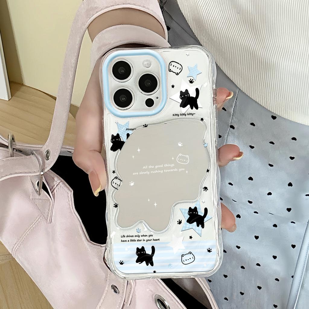 English black cat wave mirror is suitable for Apple 16/15/iphone13promax Huawei makeup mirror mobile phone case