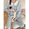 Women's Pajamas New Autumn Spring Long Sleeve Soft Sleepwear Set Grid Cartoon Pyjama Woman Home Nightwear Set Cardigan
