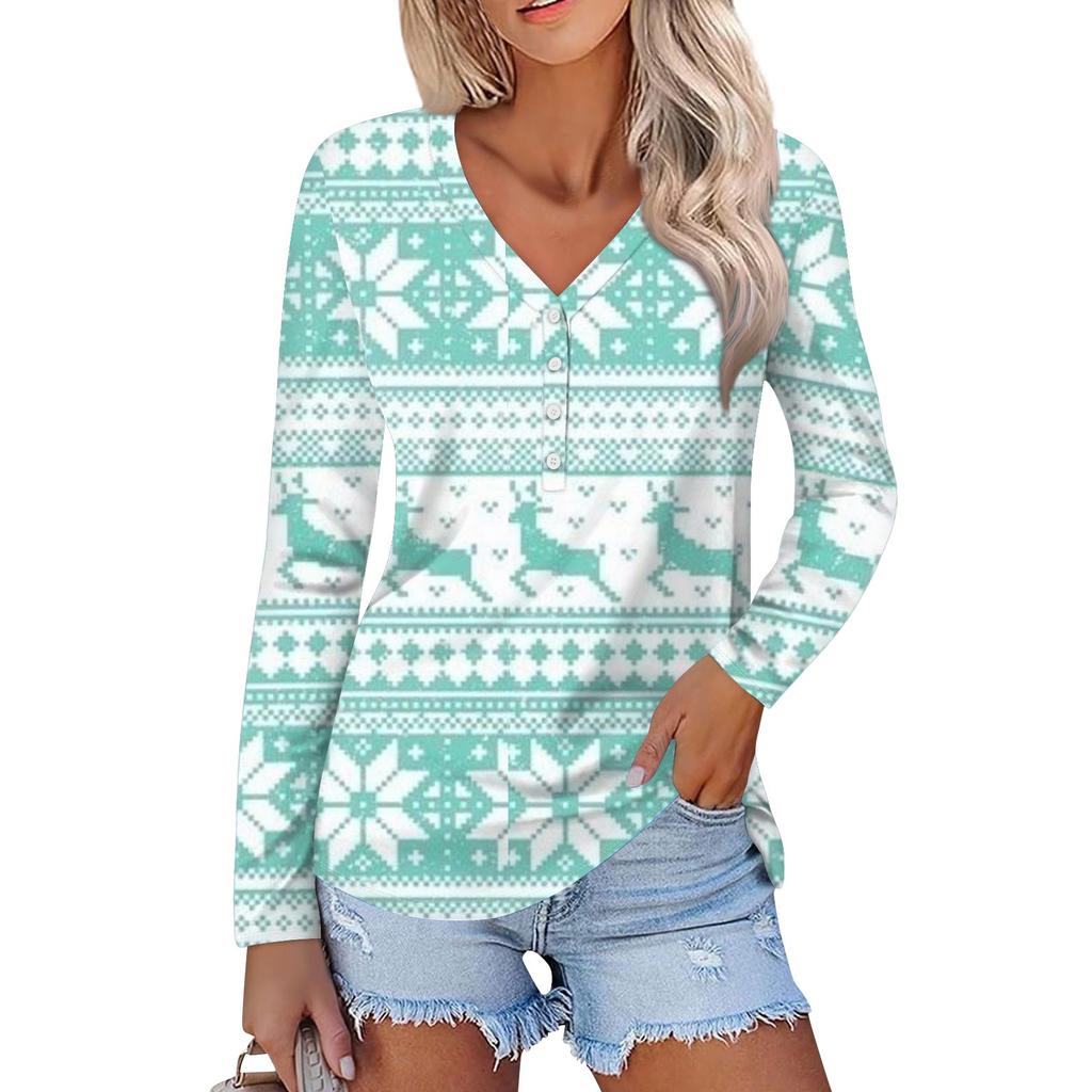 Women's Casual Fashion Sexy Comfort Christmas Printed V-Neck Button Long Sleeve