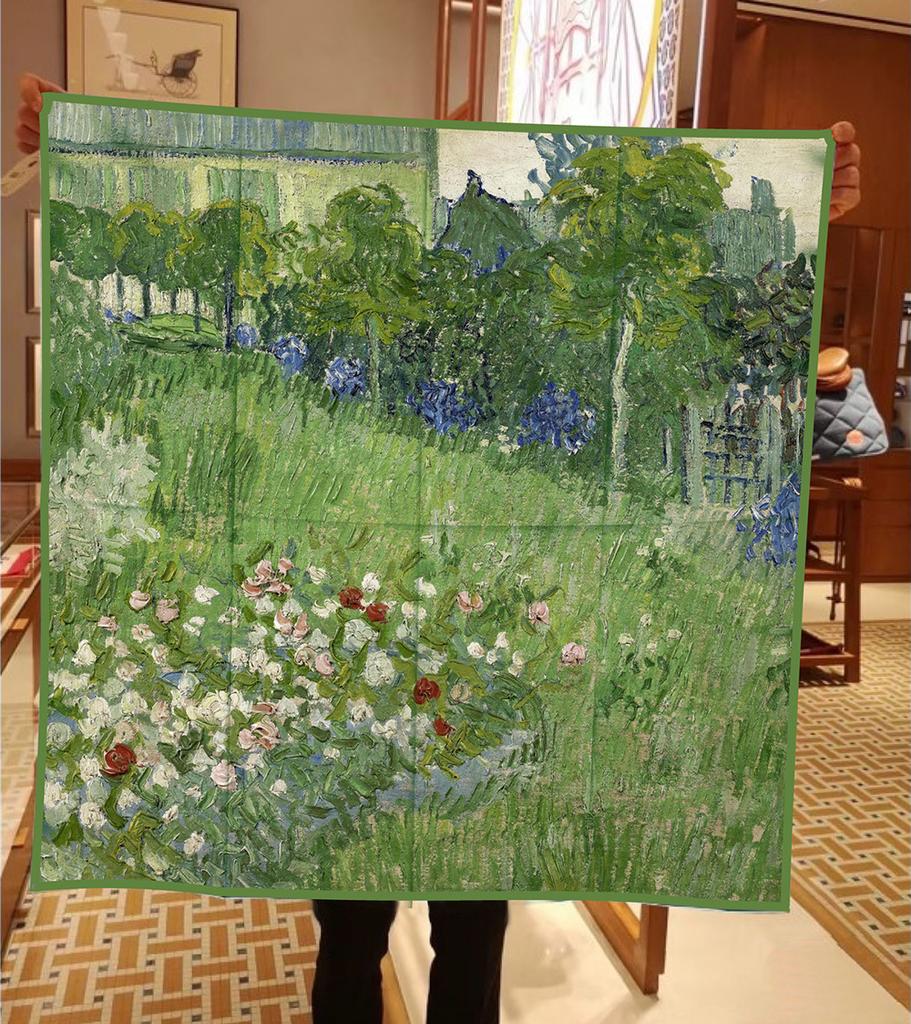 Silk Scarf Women Beanis Garden Print Square Scarves Head Echarpes Silk Foulards Femme Wraps Beach Shawl Bandana Lady Hijabs 90CM