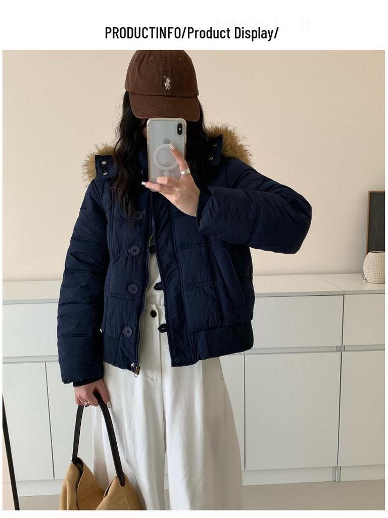Женское темно-синее хлопковое пальто с капюшоном и воротником из искусственного меха - Теплая зимняя короткая куртка
