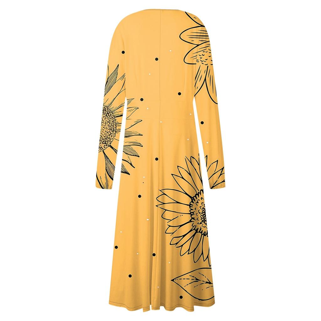 Женское осенне-зимнее повседневное модное длинное платье с v-образным вырезом и длинным рукавом с принтом