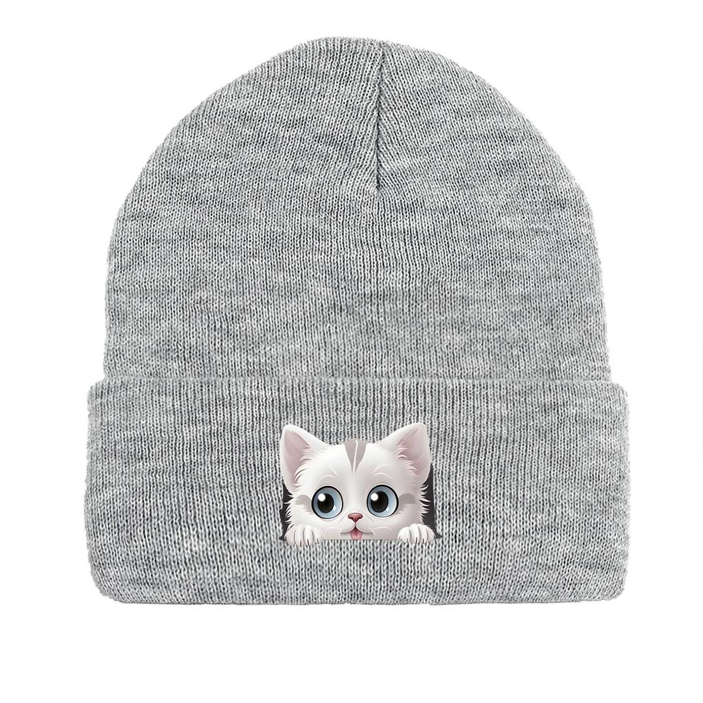 Cute White Cat Winter Knit Hat Beanie, Animal Man Cap Soft Winter Unisex Pompom Beanies Knitted Cap Beanie