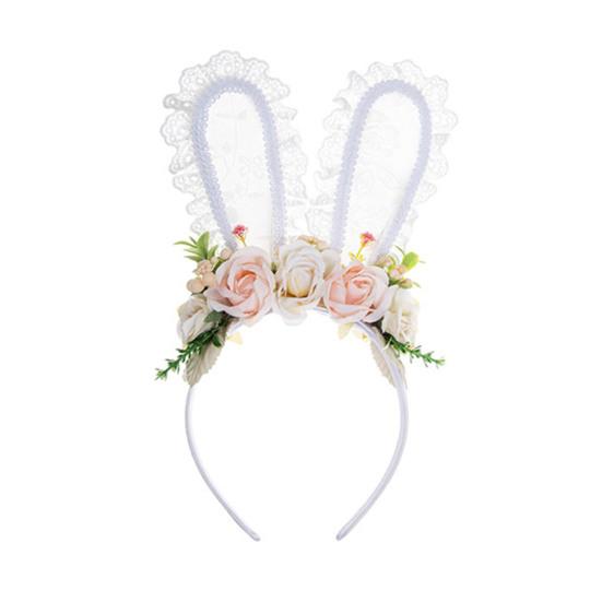 Ободок с кроличьими ушками из кружева, обруч для волос с разноцветными искусственными цветами, лесной стиль, Пасха