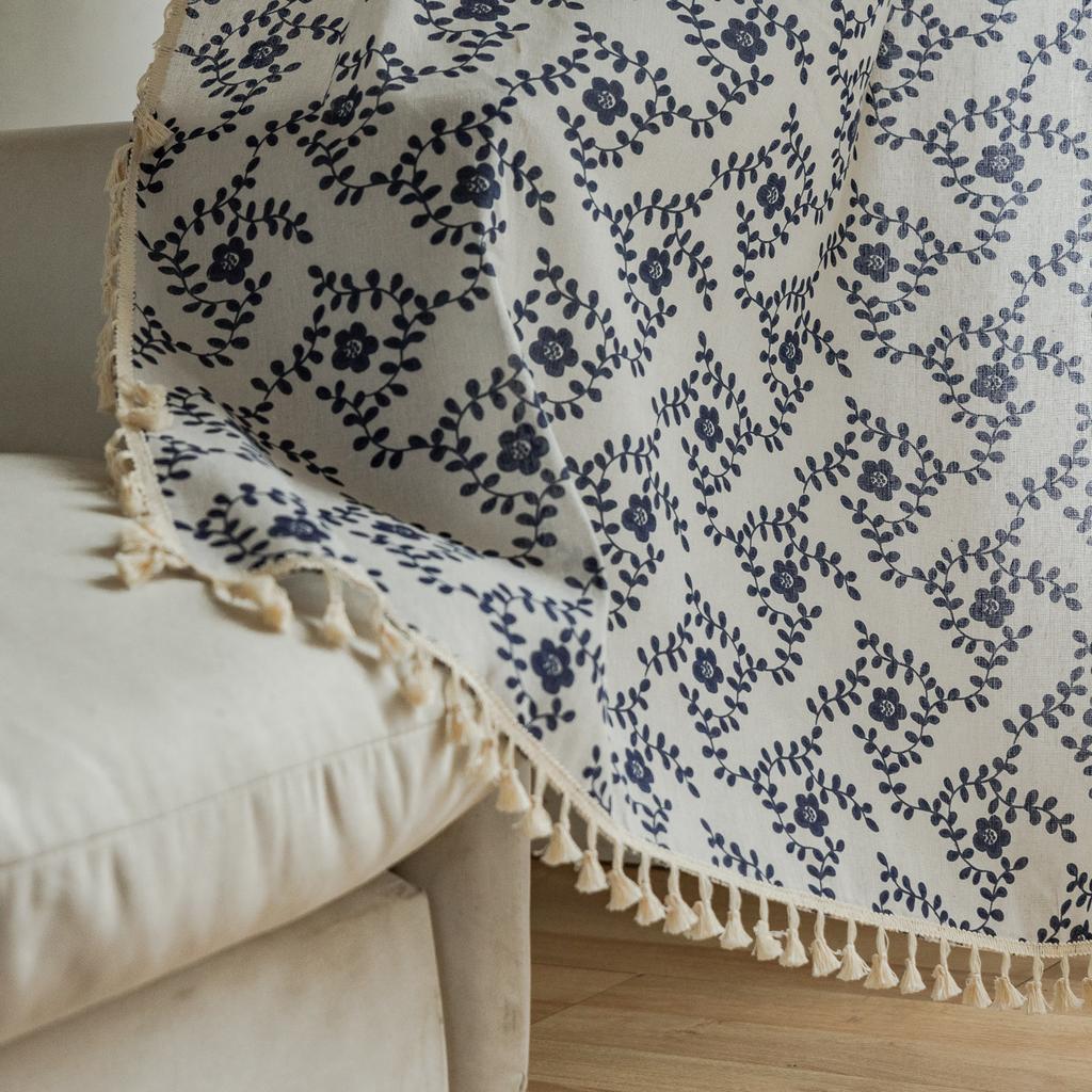 No Punching Through Rod Lace Curtain Finished American Blue Cotton And Linen Printing Balcony Bay Window Table Short Curtain Coffee Half Curtain