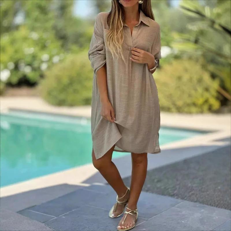 Casual Spring Summer Loose Beach Short Sleeved Solid Color Cotton Linen Shirt Dress