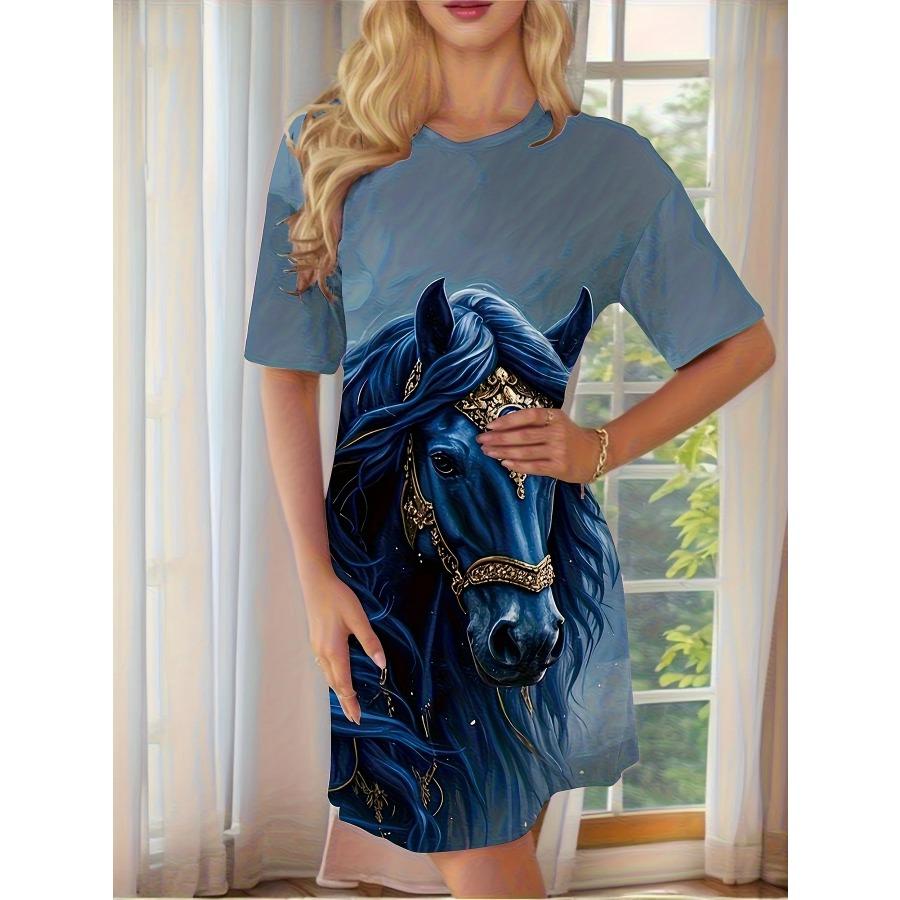 Женская ночная рубашка с принтом лошади, платье, короткий рукав, круглый вырез, платье для сна, сексуальное платье для путешествий и отпуска, одежда Y2k, женская одежда