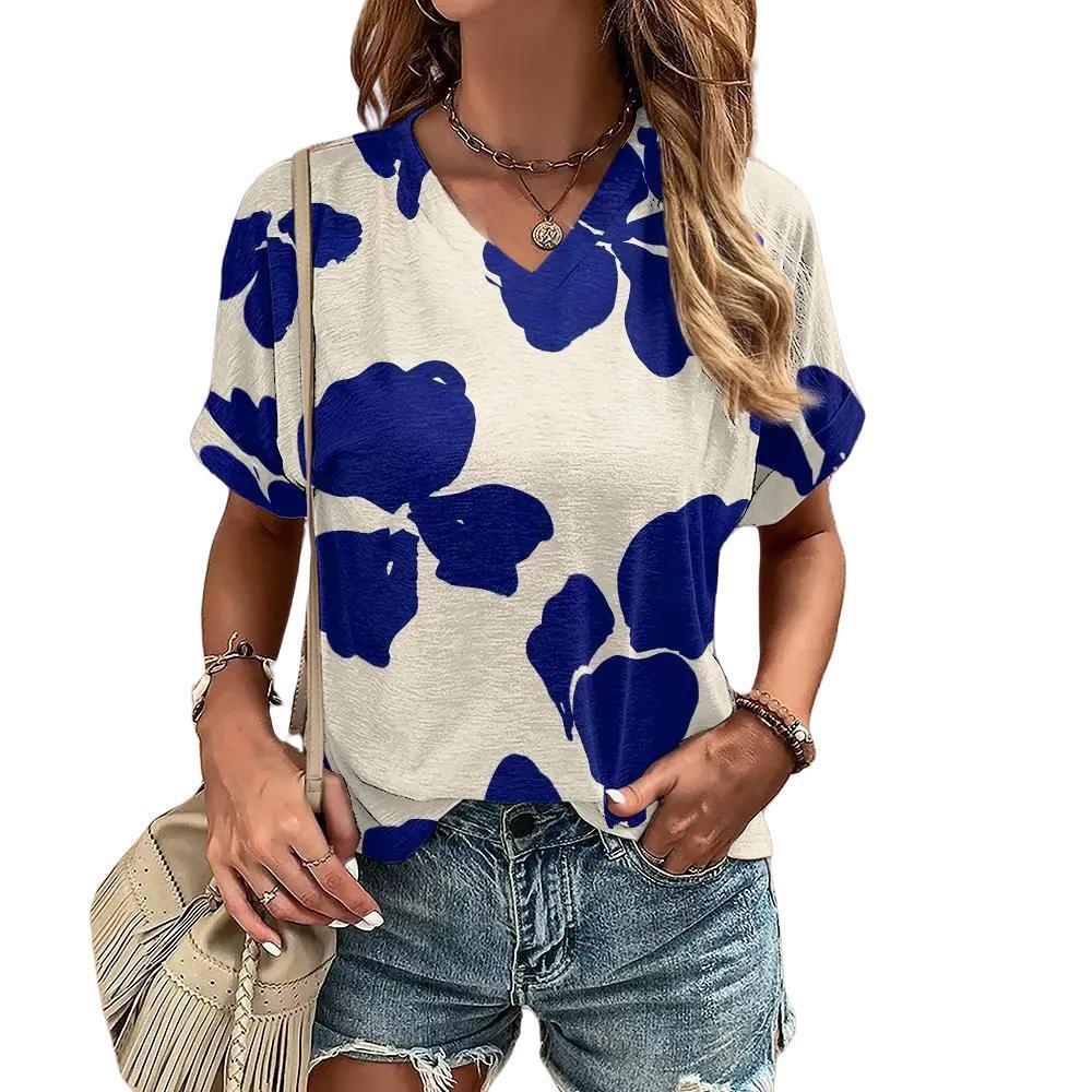 S-8XL Летняя футболка размера плюс для женщин с V-образным вырезом Повседневная мода Граффити Футболки Harajuku Одежда Свободные топы с коротким рукавом Пуловер