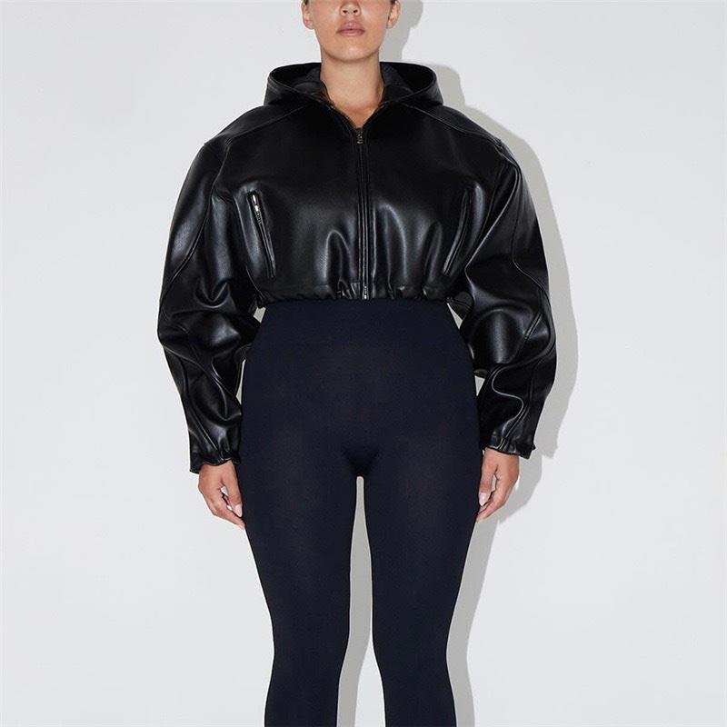 Vintage Faux Leather Zipper Crop Jackets Women Full Sleeve Pockets Hoodie Coat Autumn Hipster High Street Outwear