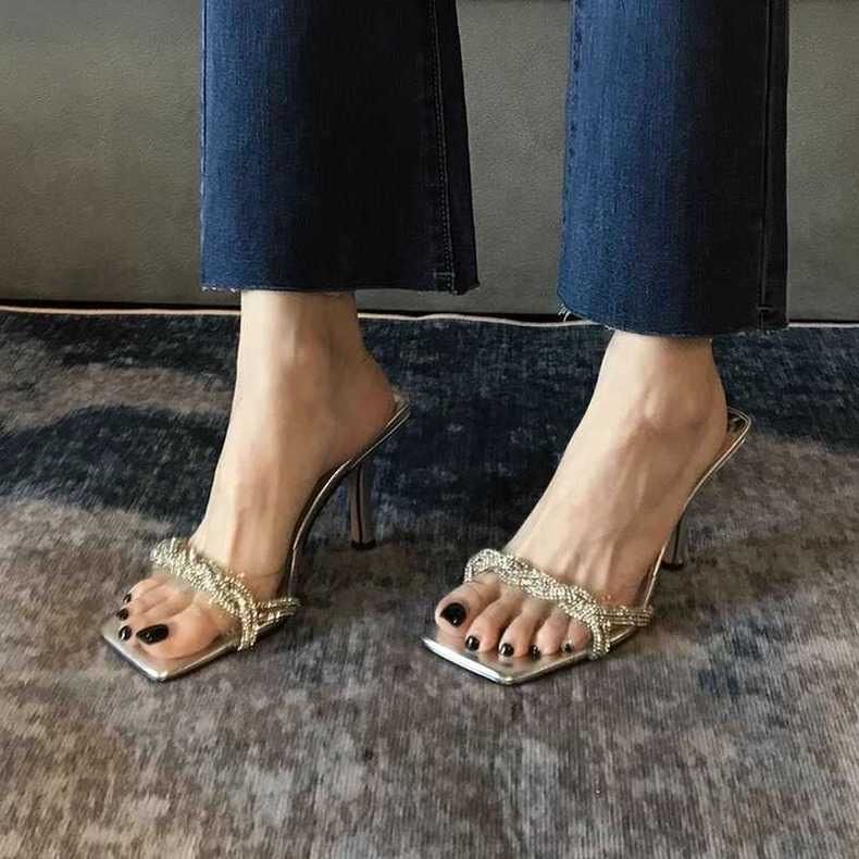 Интернет-знаменитость французские стразы тонкий каблук квадратный носок туфли на высоком каблуке серебристые шлепанцы женские лето 2025 новая сенсация
