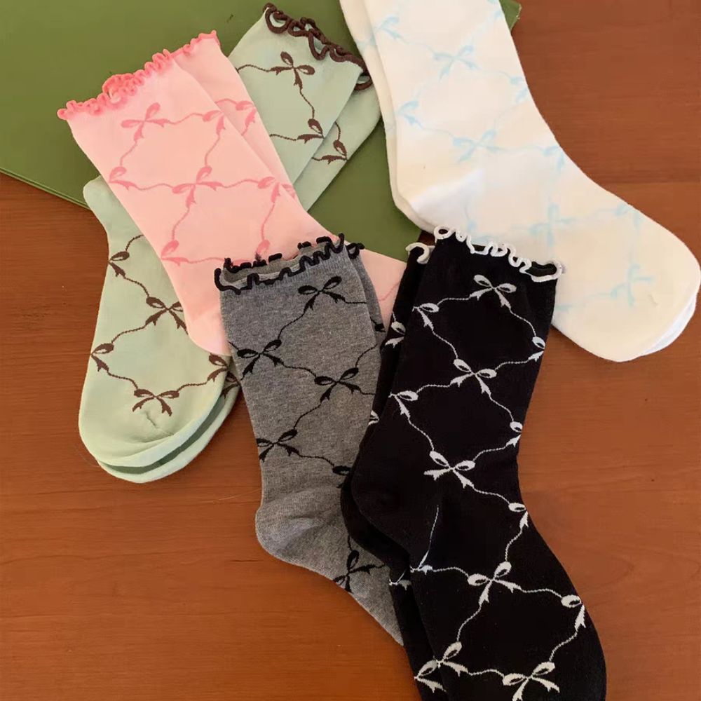 5Pairs Breathable Mid Tube Socks Thin Cotton Sweet Socks Women Cute Ruffle Bow Socks Streetwear