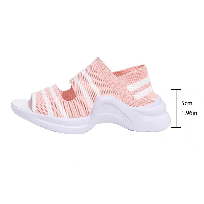 Модные Модные Полосатые Вязаные Спортивные Сандалии для Женщин Толстая Подошва Повседневные Сандалии на Танкетке Женские 2025 Лето Удобные для Ходьбы Сандалии