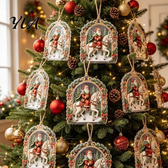 Holiday Wall Decor Santa Riding Horse Christmas Ornament, Acrylic Hanging Pendant with String, Fireplace Ornament Festive Tree for Living Room Garden