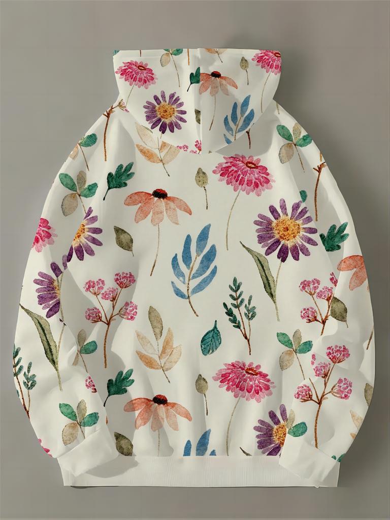 Watercolor floral all-over printed hooded sweatshirt for women, retro plant flower drawstring pockets, loose pullover top