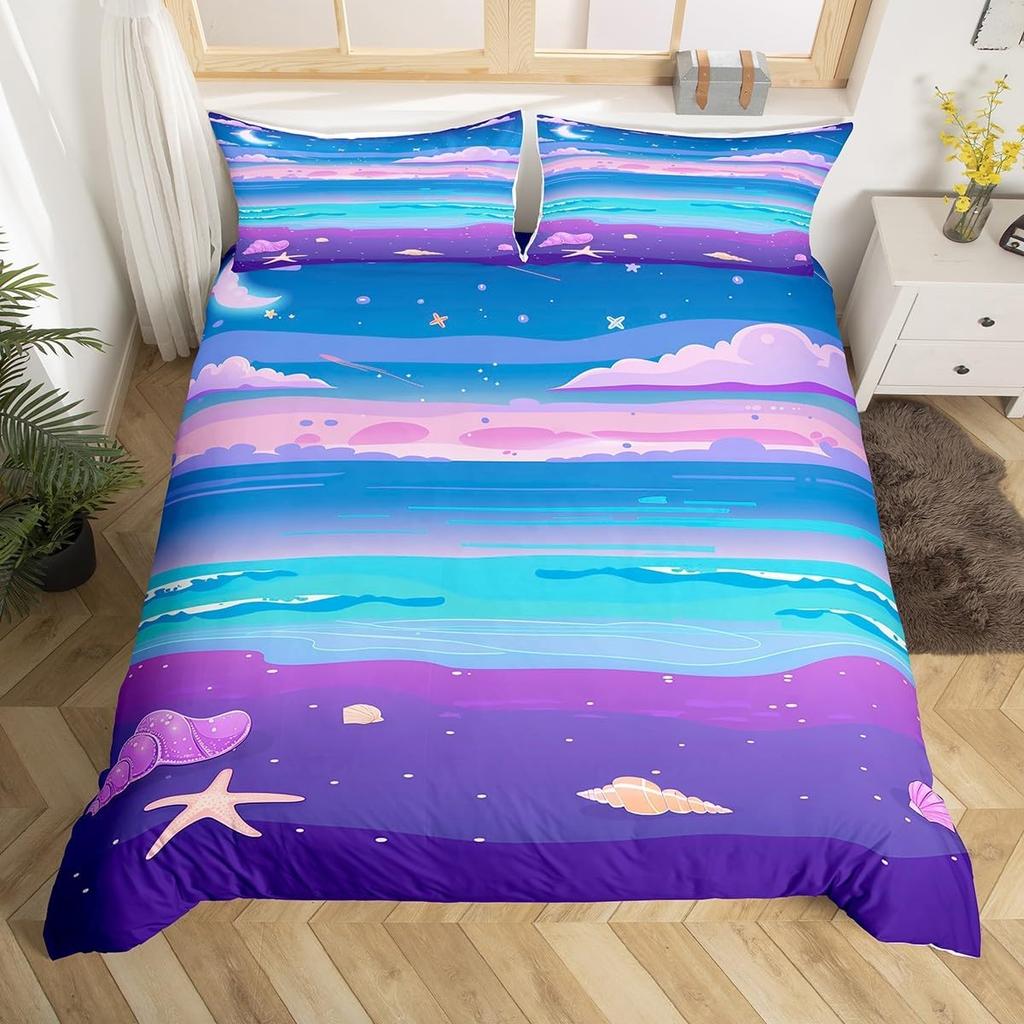 Beach Starfish Duvet Cover Twin Cute Ocean Creatures Bedding Set Tropical Beach Sea Shells Print Comforter Cover with Pillowcase