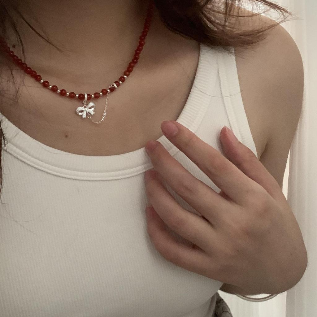 Ticky Корейское Высококачественное Серебро S925 Красный Агат Ожерелье для Женщин - Простое, Элегантное Рождественское и Новогоднее Подарок