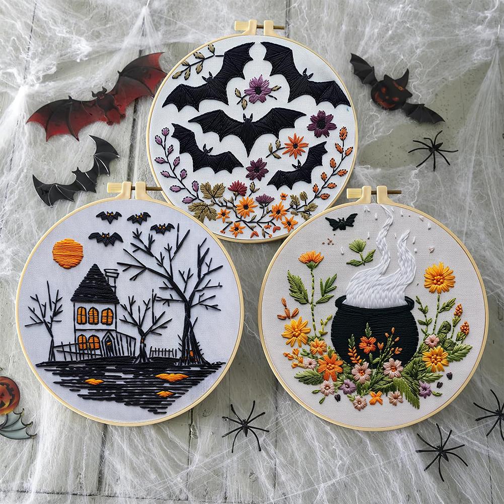 Halloween Gothic Embroidery Starter Kit Material Package Bat Skull Hat Bowl Cross Stitch Kit Beginners Embroidery Lovers Gift