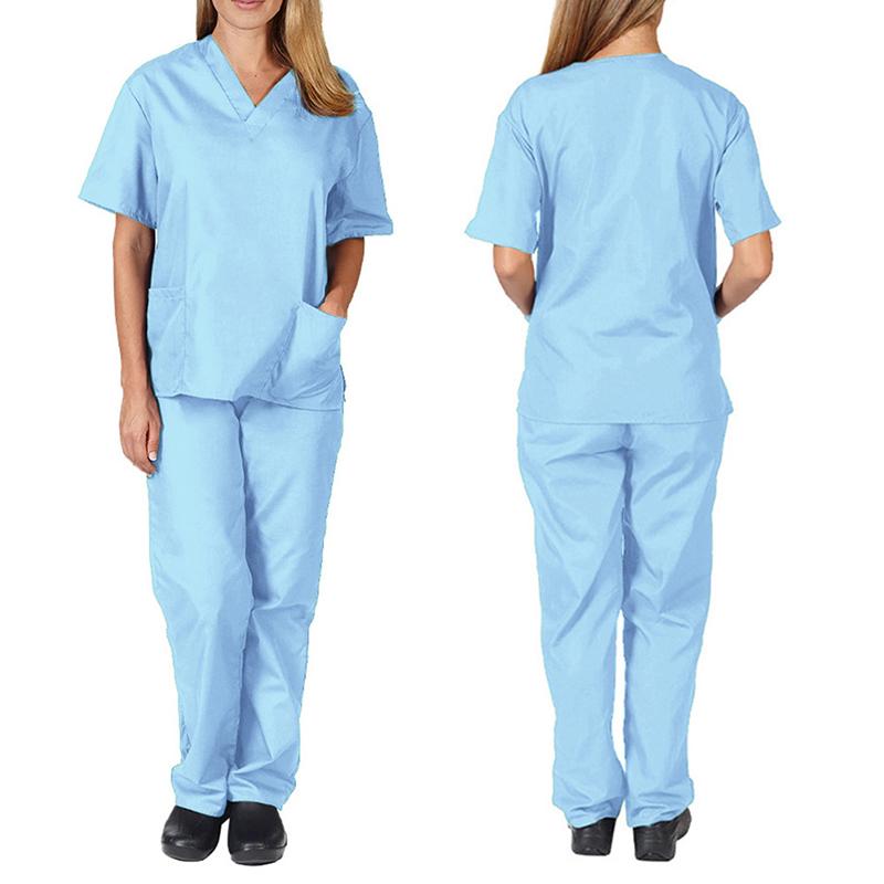 2 Pieces Outfits Summer Thin Solid Tops+Loose Pants Short Sleeve Quick Dry Nurse Suit V-neck Nursing Working