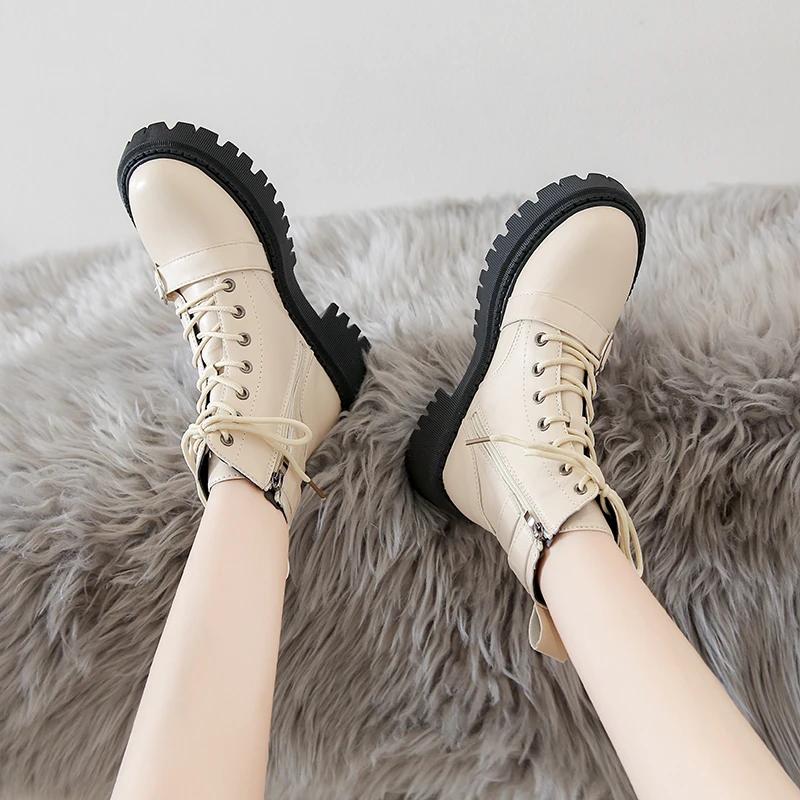 Heart Buckle Chunky Platform Ankle Boots Women Autumn Pu Leather Thick Bottom Short Boots Woman Black Motorcycle Shoes
