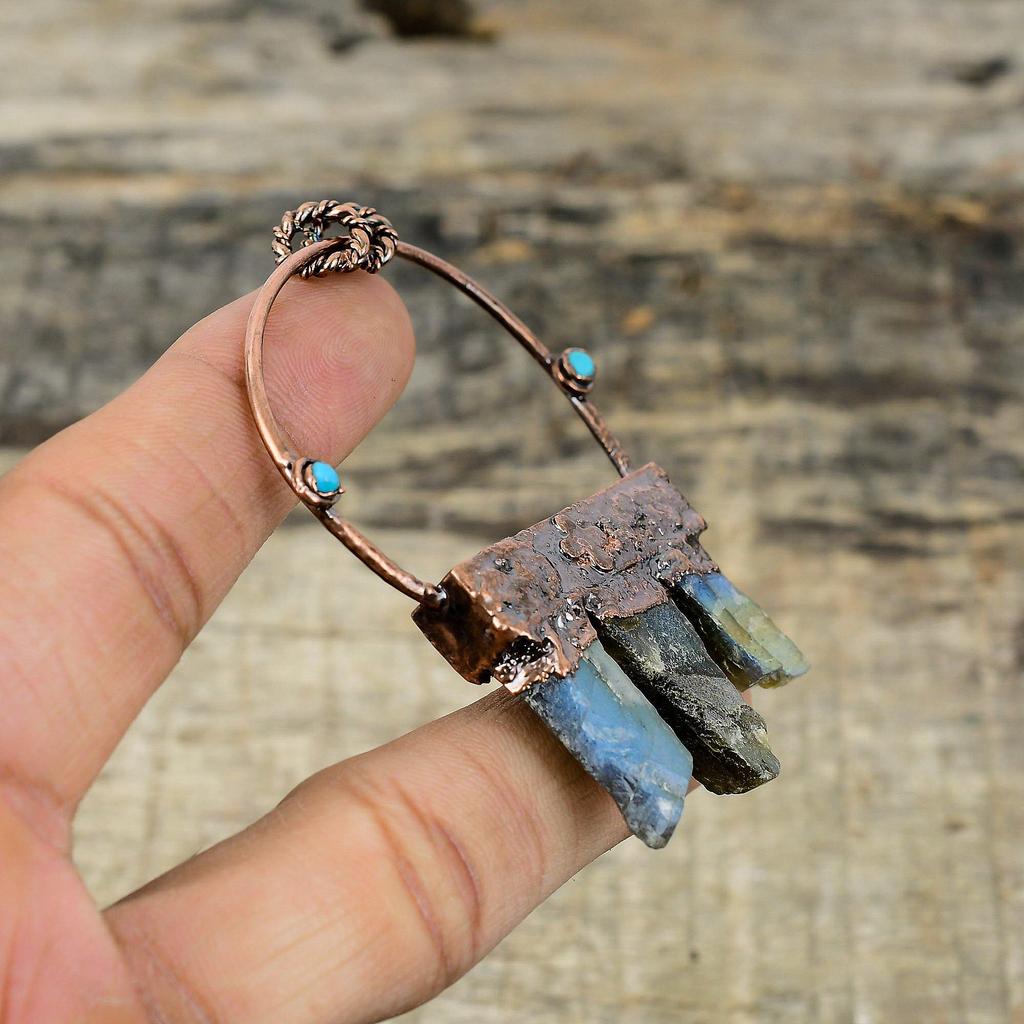 Кулон из необработанного драгоценного камня лабрадорит, гальванопластическая медная подвеска, бирюзовая подвеска «Спящая красавица», медные украшения ручной работы, подарки на помолвку