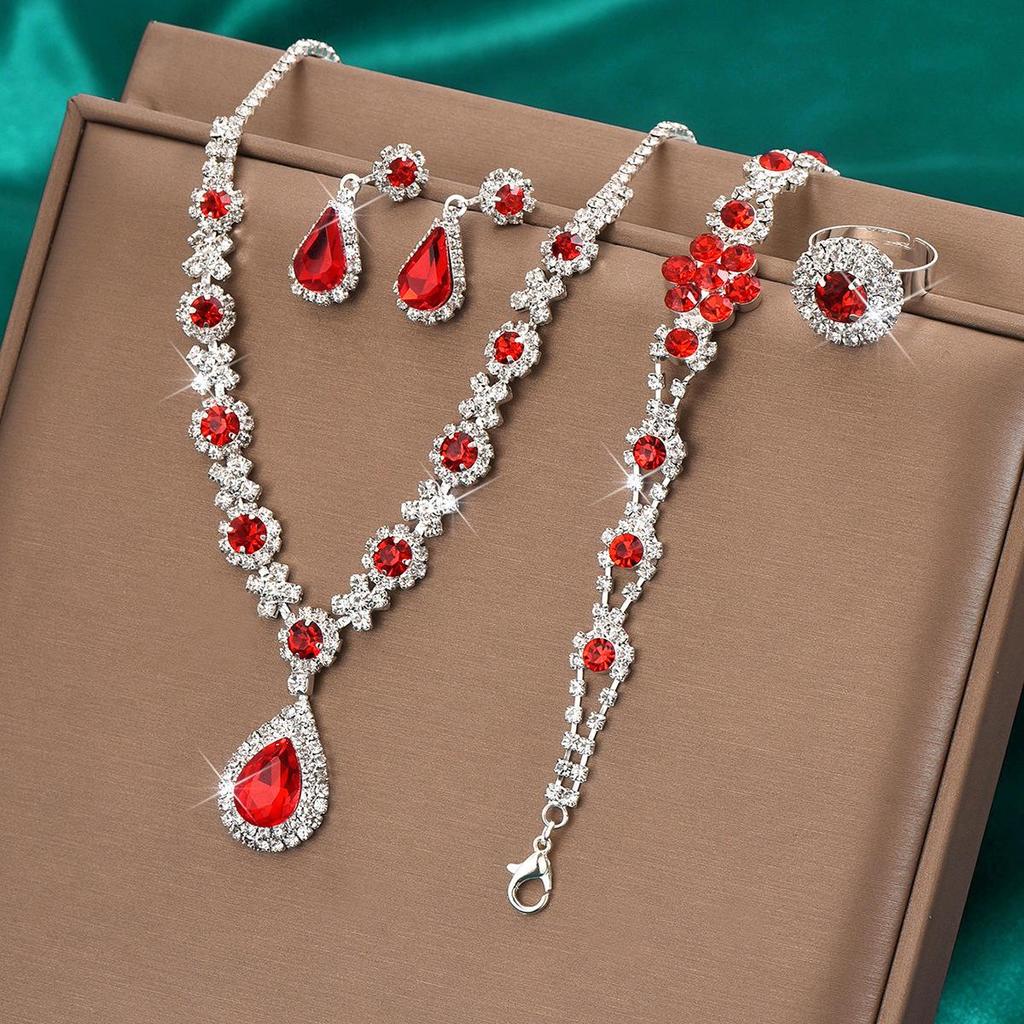 Элегантный комплект украшений из хрустальных драгоценных камней: Ожерелье, серьги, браслет и кольцо в форме капли для женщин