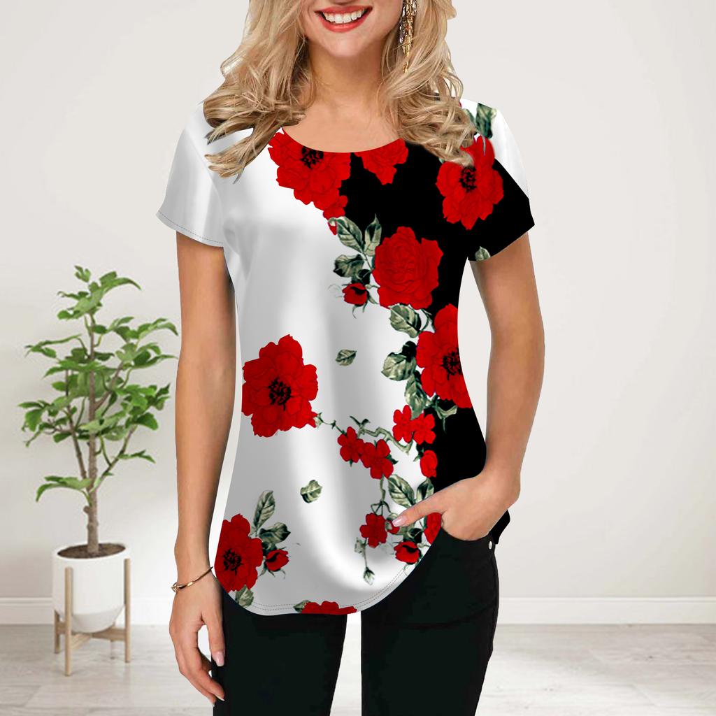 Women Summer T Shirt White Rose Print Short Sleeve Tees Casual Printed Tops