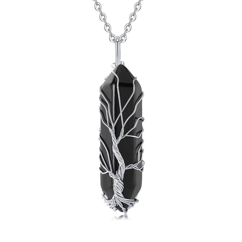 Tree of Life Natural Crystal Hexagonal Pendant Necklace with Wire-Wrapped Design