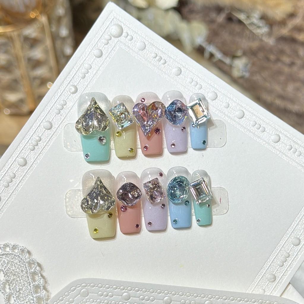 [5in1 Toolkit+HANDMADE]Handmade Press On Nail Spring Summer Fresh Colorful 3D Diamond Shining Long Square Fake Nail Patch Artificial Nail Reusable