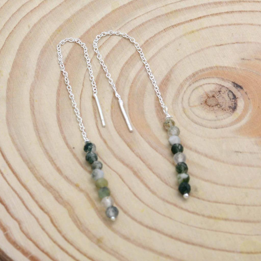 Moss Agate 925 Silver Threader Earrings, Natural Gemstone Women Handmade Fringe Earrings