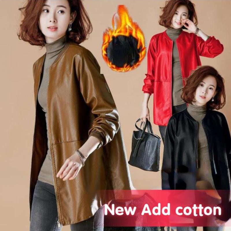 Autumn and Winter Fashion Women Leather Jacket Red Top Long Sleeve Black Coat