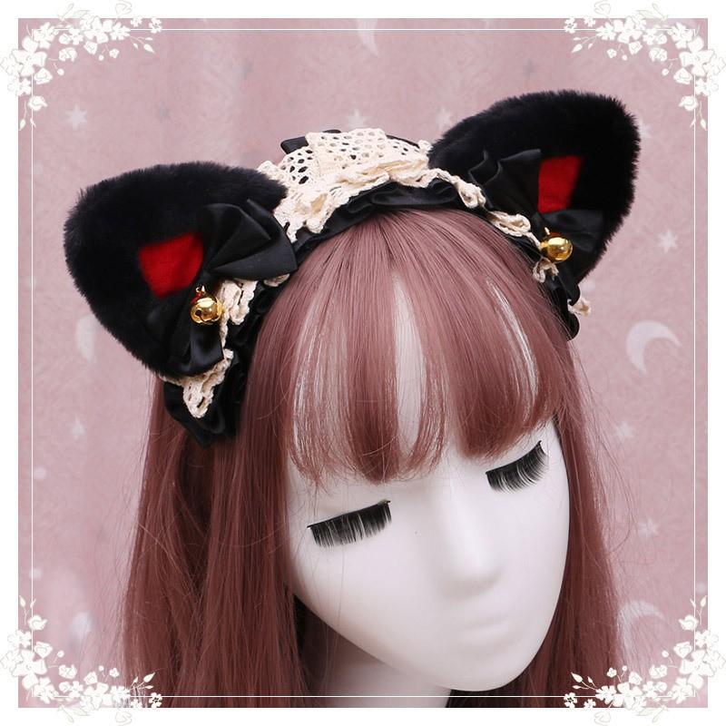 Cute Japanese Lolita Cat Ear Headband With Fluffy Faux Fur Lace Trim Girls Women Cosplay Party Accessory