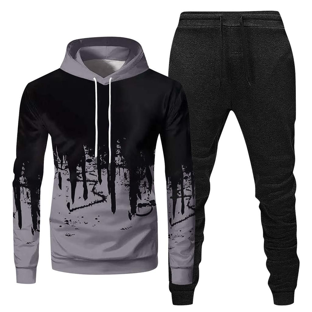 Mens Hooded Sports Tracksuit Unisex Two-Piece Running Outfits Long Sleeve Pullover Hoodies Sweatshirt+Sweatpants Set