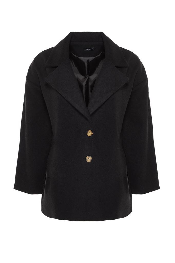 Women's Style Plus Size Wide Cut Stitched Woven Coat with Black Button Detail