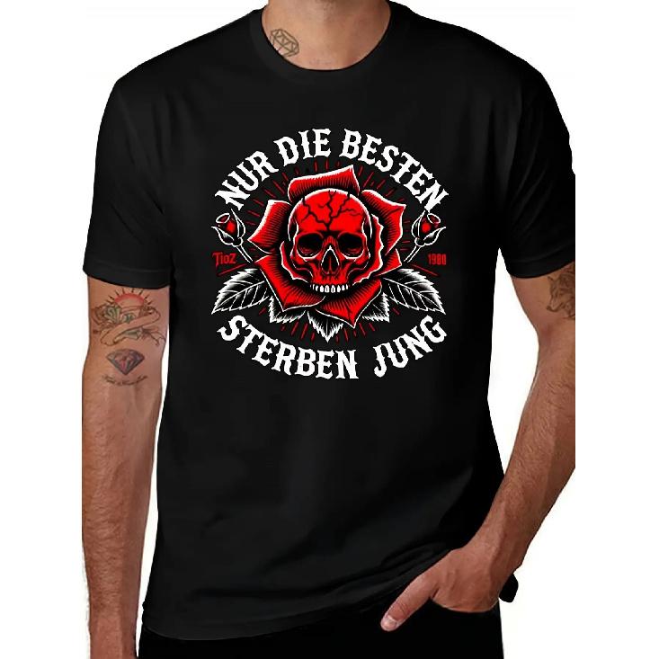 Men'S German Text And Skull Rose Graphic T-Shirt - "Die Besten Sind Unter Dir (Best Are You)" Red And Print, Loose Fit Round Neck Casual Summer Tee,