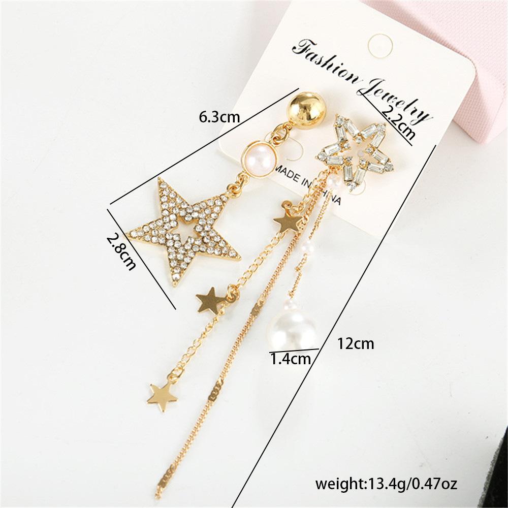 Асимметричные серьги со звездами из сверкающего циркона, серьги темперамент с длинной бахромой, серьги-гвоздики с корейским хрустальным жемчугом.