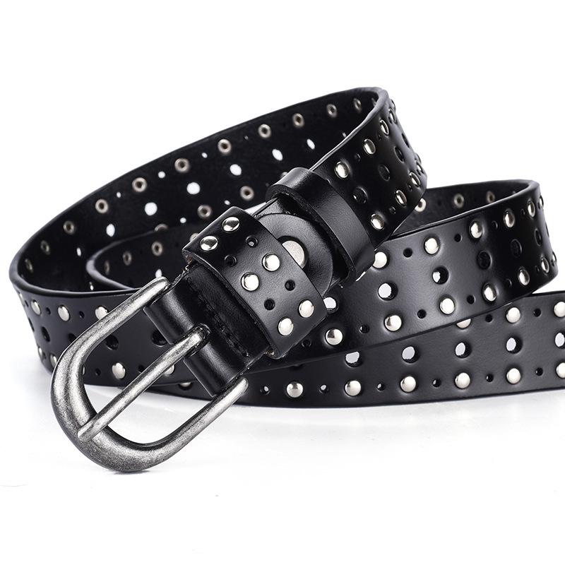 Women'S Pin Buckle Belt Punk Style Cowhide Leather Belt Trend Willow Nails Kuaishou