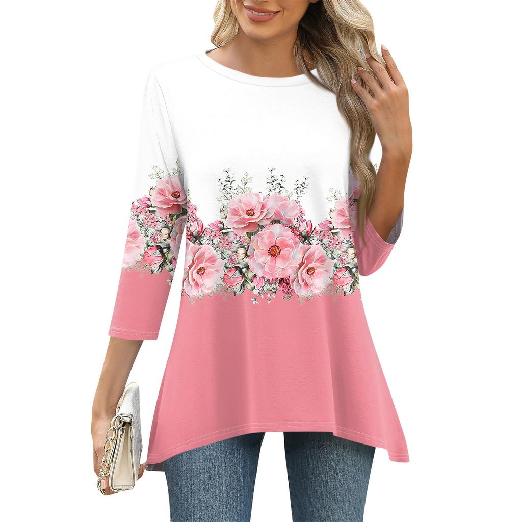 3/4 Sleeve Tunic Tops For Women Printed Daily Weekend Loose Fit Fashion Basic Round Neck T Shirt