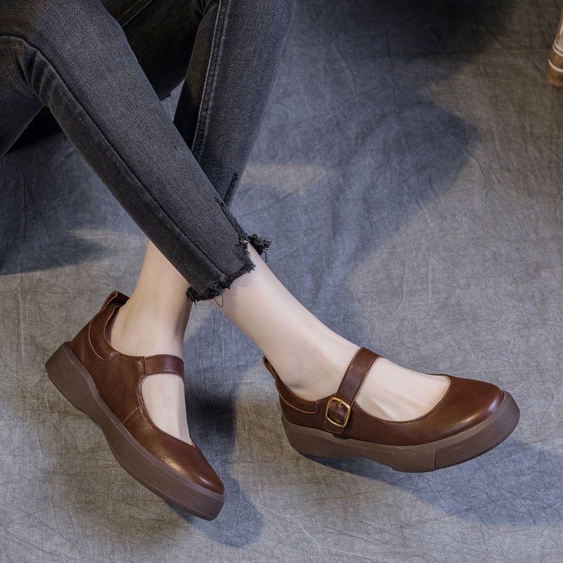 2025 Spring Platform Women's Shoes New Round Head Muffin Sole Soft Sole Shallow Mouth Single Shoes Versatile Square Mouth Flat Heel Casual Shoes