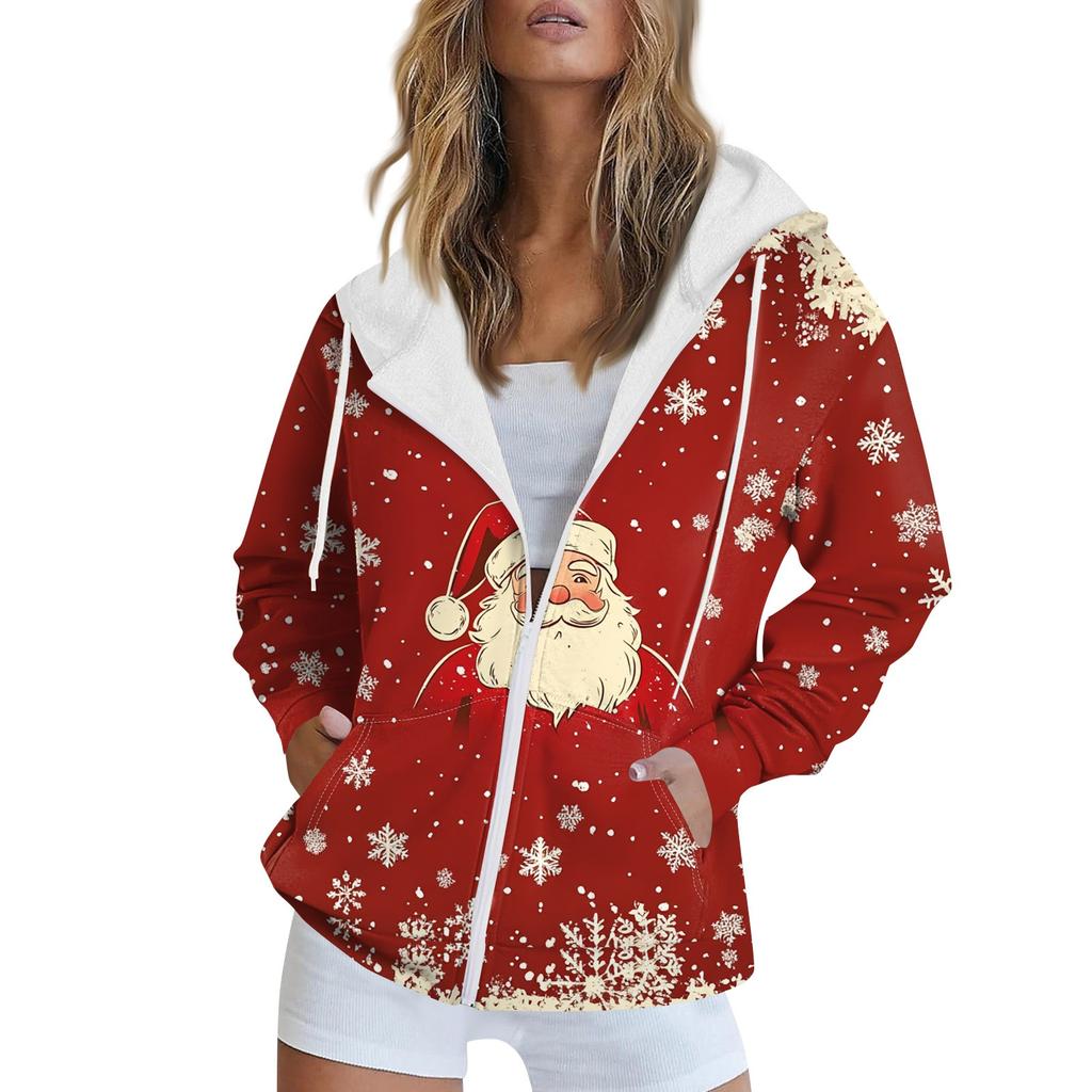 Women's Christmas Printed Sweatshirt Autumn Winter Long Sleeve Cardigan Jacket With Pockets Zipper Hoodie Outerwear